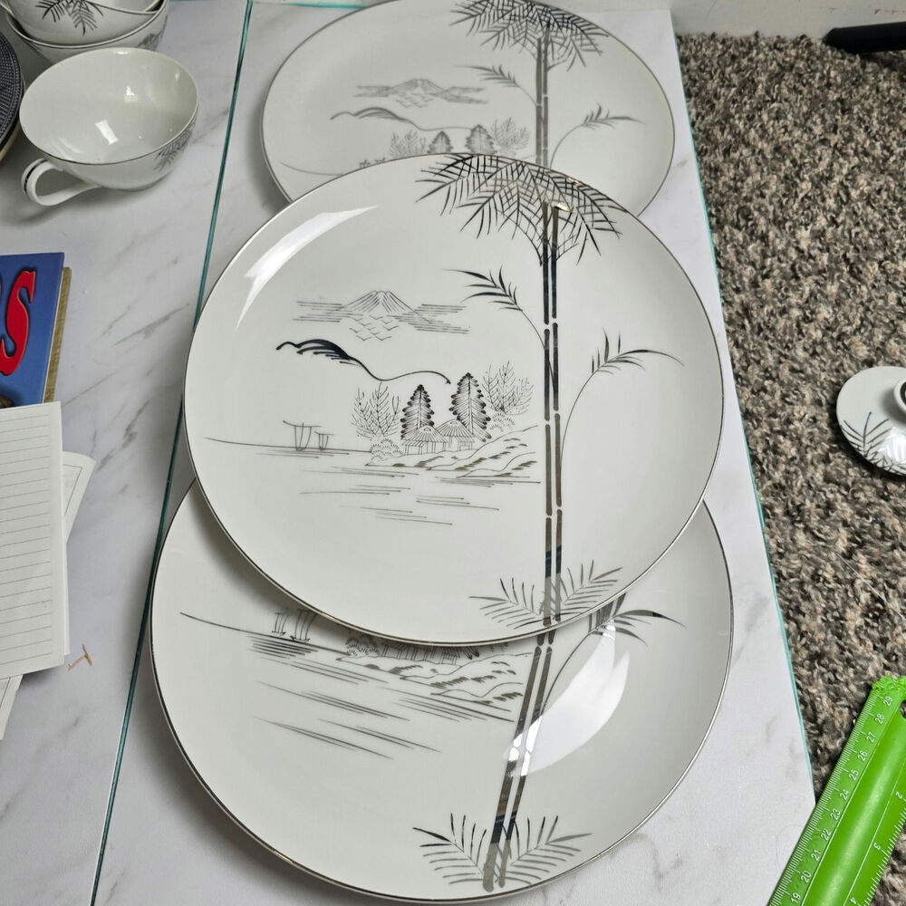 Vintage Meiyo China Nippon 1940s Silver Lithopane set of 4 plate 10 inch